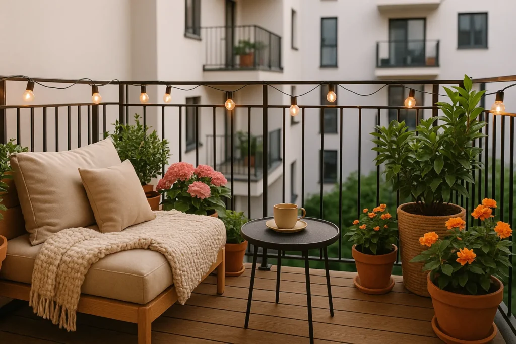 Przytulnie urządzony mały balkon z roślinami i nastrojowym oświetleniem.