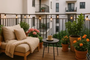 Przytulnie urządzony mały balkon z roślinami i nastrojowym oświetleniem.