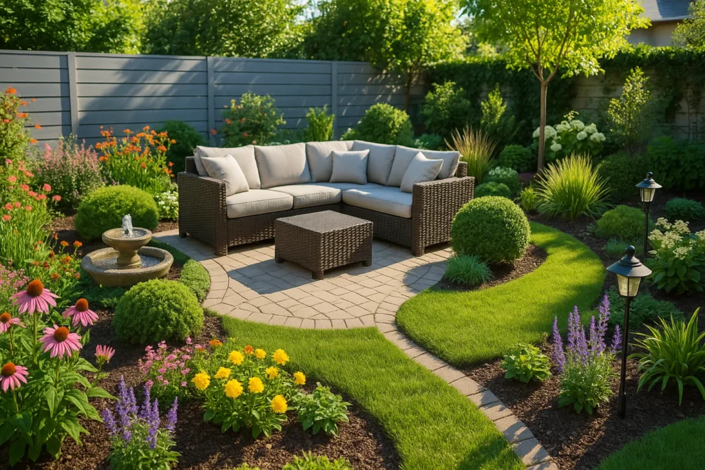 Kameralny ogród na małej działce z roślinami i meblami ogrodowymi