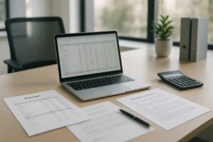 Biurko z laptopem pokazującym wykresy i dokumenty dotyczące dotacji