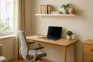 Nowoczesny kącik do pracy zdalnej w małym mieszkaniu, z lekkimi, wielofunkcyjnymi meblami.