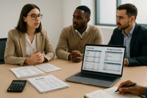 Przedsiębiorcy omawiają plan finansowy i dotacje unijne.