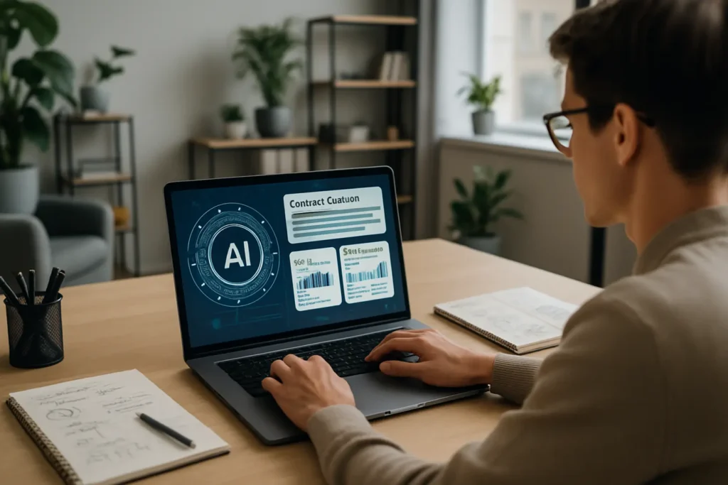 Osoba pracująca przy komputerze z oprogramowaniem AI do tworzenia treści