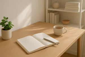 Osoba robiąca porządek na biurku, otoczona uporządkowanymi przedmiotami.