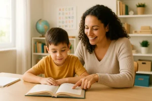 Dziecko samodzielnie układa zabawki na półce.