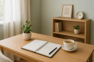 Osoba planująca dzień przy biurku z notatnikiem i kubkiem kawy