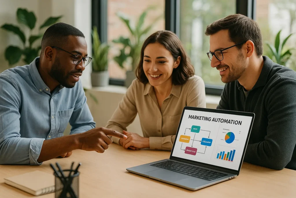 Przedsiębiorca korzystający z narzędzi automatyzacyjnych na laptopie