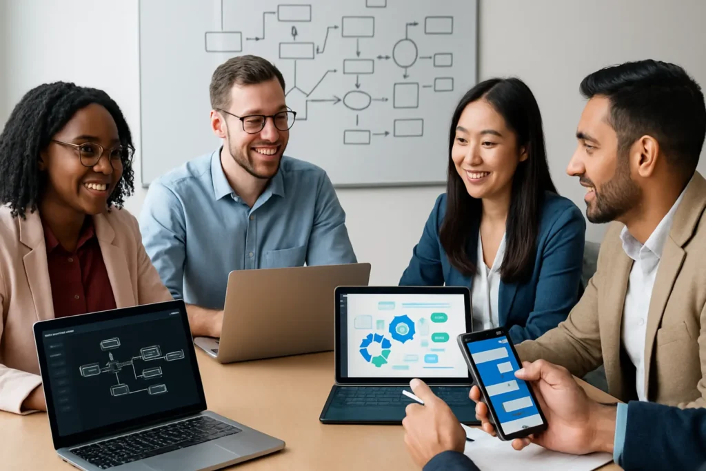 Ilustracja przedstawiająca zintegrowane narzędzia biurowe w pracy zespołowej