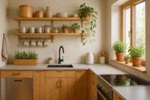 Przytulna, ekologiczna kuchnia z jasnymi meblami w małej przestrzeni