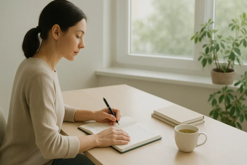 Osoba planująca dzień z notesem i kubkiem herbaty