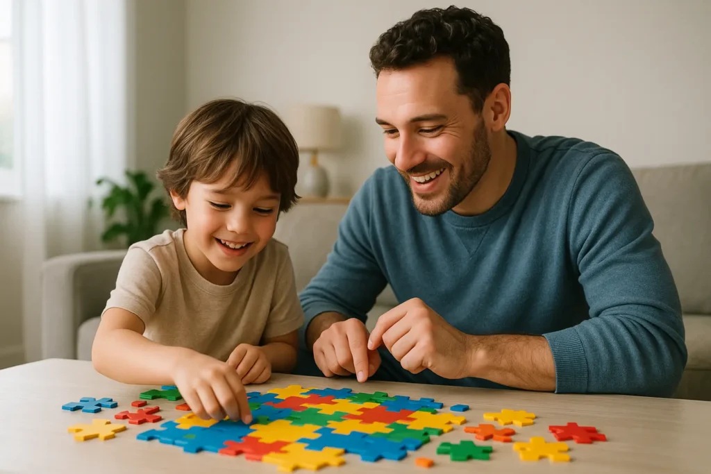 Dziecko koncentruje się przy zabawie w domu