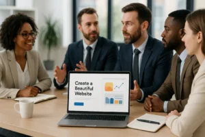 Widok laptopa ze stroną główną firmy gotową do optymalizacji