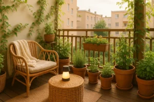 Ekologiczny balkon z roślinami, stolikiem i krzesłami