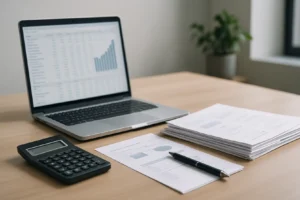 Biznesmen ocenia dokumenty finansowe przy biurku