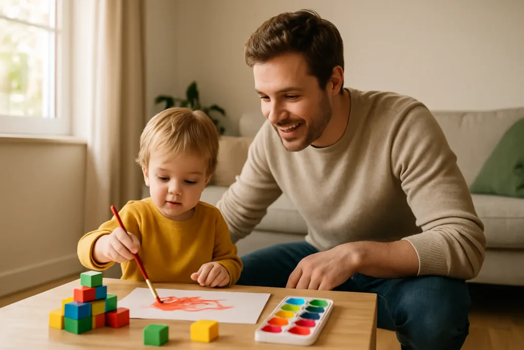 Dziecko bawiące się kreatywnie z klockami w kolorowym kąciku.