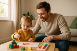 Dziecko bawiące się kreatywnie z klockami w kolorowym kąciku.