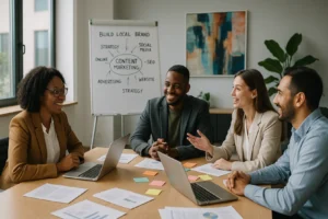 Zespół lokalnego biznesu pracujący nad strategią content marketingu