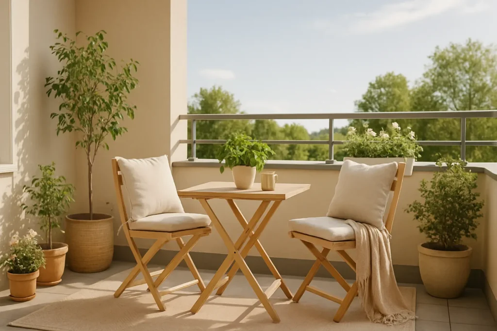 Balkon urządzony w stylu skandynawskim z jasnymi meblami i roślinami.