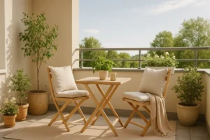 Balkon urządzony w stylu skandynawskim z jasnymi meblami i roślinami.