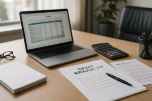 Przedsiębiorca przeglądający dokumenty dotacyjne w biurze