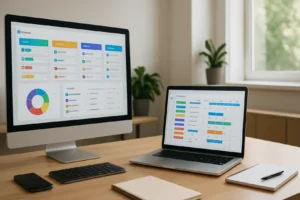 Ludzie pracujący przy komputerach z oprogramowaniem do zarządzania projektami