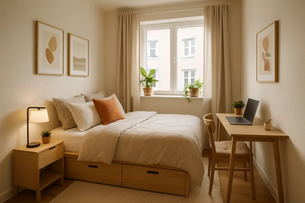 Przytulna aranżacja małej sypialni z lekkimi meblami i jasnymi kolorami