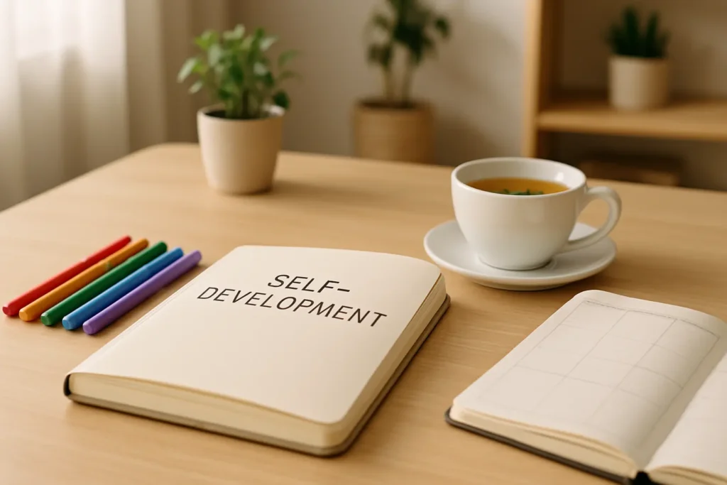 Osoba trzymająca notatnik i planująca dzień przy filiżance herbaty.