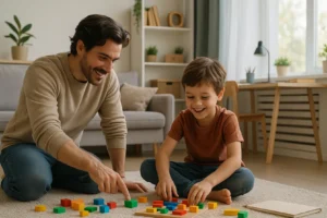 Rodzic pomagający dziecku w nauce przy domowym stole