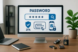 Ilustracja przedstawiająca zabezpieczanie danych w firmie za pomocą menedżera haseł.