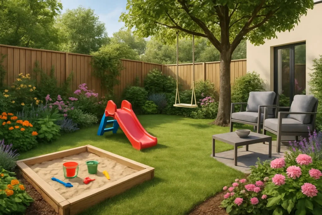 Dziecko bawiące się w piaskownicy w małym ogrodzie