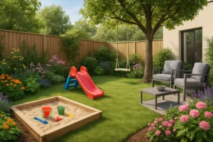 Dziecko bawiące się w piaskownicy w małym ogrodzie