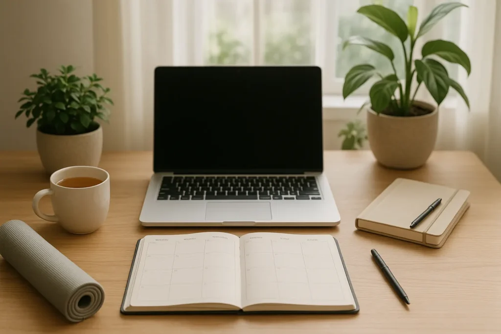 Zestaw narzędzi wspomagających zmianę nawyków i codziennych rutyn, leżący na biurku.