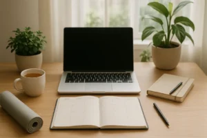 Zestaw narzędzi wspomagających zmianę nawyków i codziennych rutyn, leżący na biurku.