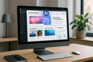 Laptop z otwartą stroną WordPress i AI w tle