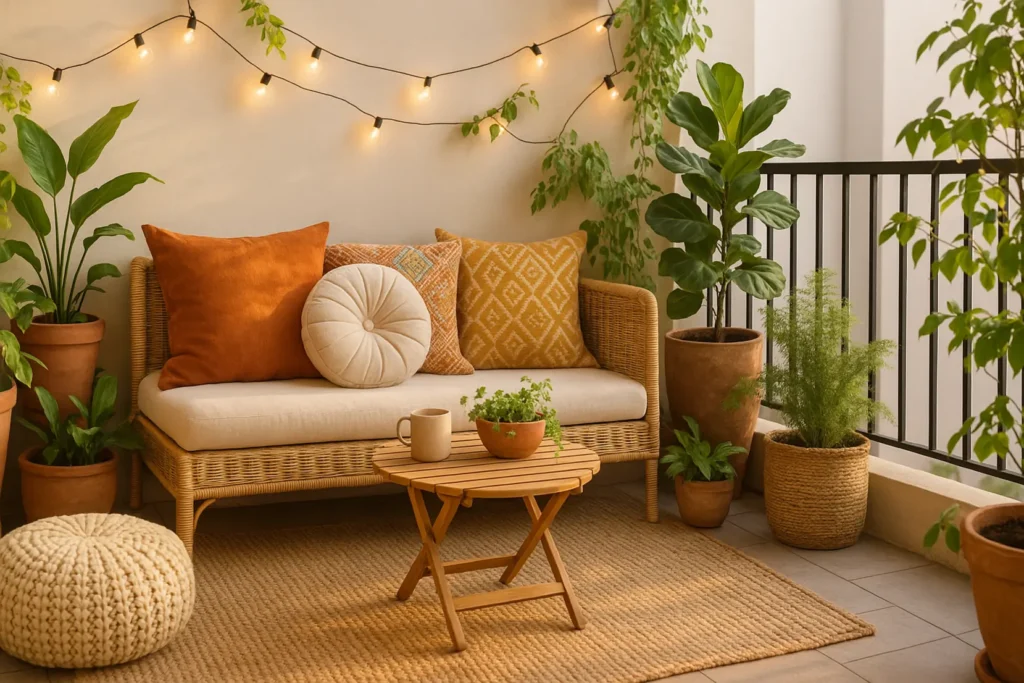 Przytulny kącik boho na małym balkonie z roślinami i poduszkami.