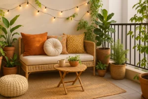 Przytulny kącik boho na małym balkonie z roślinami i poduszkami.