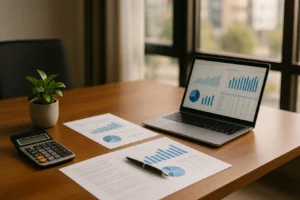 Biuro z dokumentami i notatnikiem, planowanie finansowe