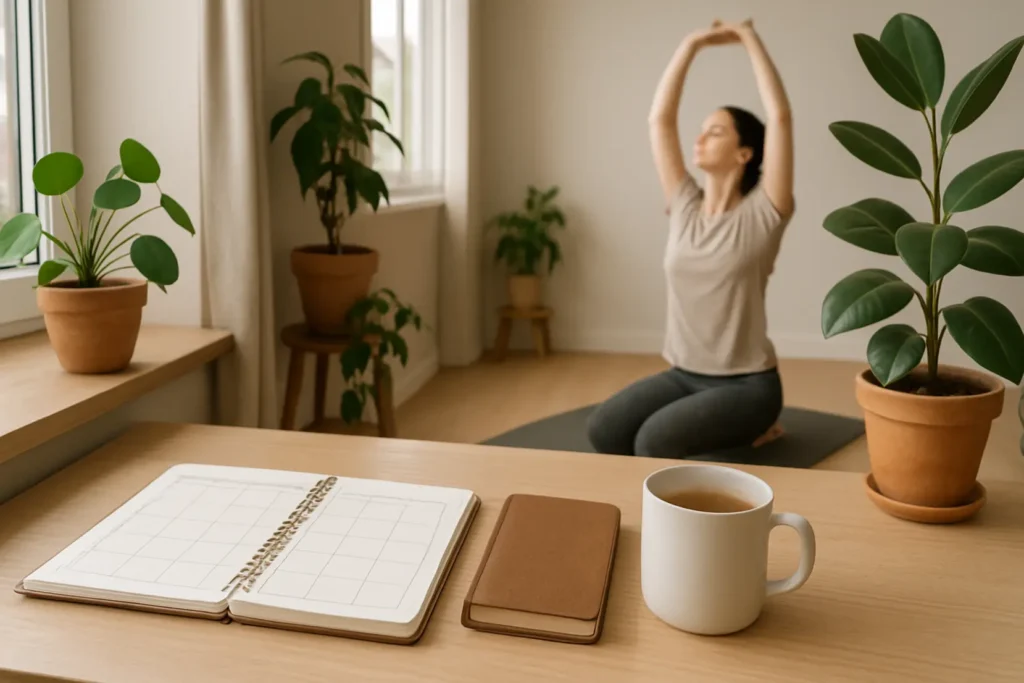 Osoba popijająca wodę, rano siedząca przy oknie.