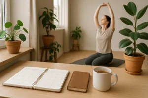 Osoba popijająca wodę, rano siedząca przy oknie.