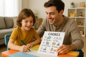 Rodzic pomagający dziecku w planowaniu obowiązków domowych