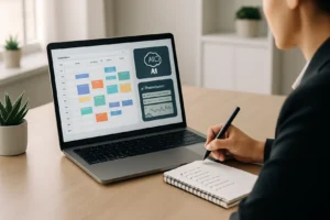 Pracownik korzystający z komputera i narzędzi AI