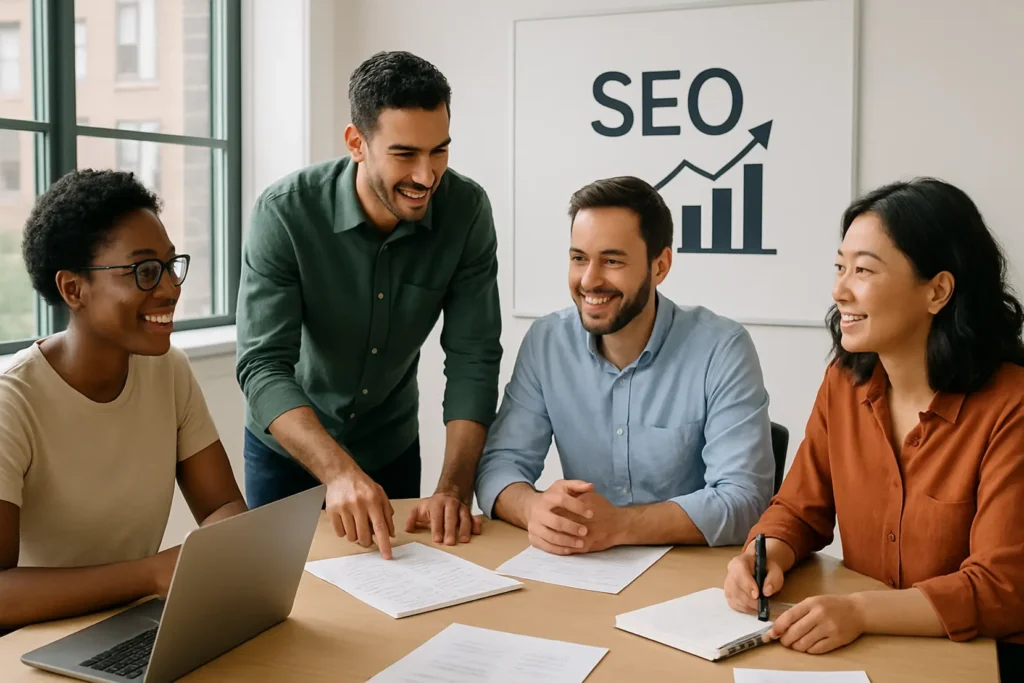 Wykres SEO z laptopem, pokazujący strategie dla małych firm