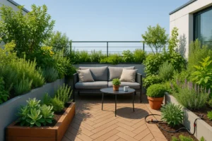 Taras na dachu z ukwieconym ogrodem, meblami wypoczynkowymi i pięknym widokiem.