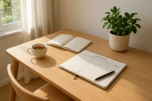 Osoba pracująca w zorganizowanym biurze z notatkami i planem dnia.