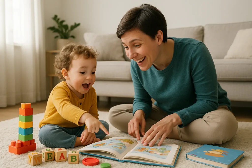 Rodzic rozmawia z dzieckiem podczas zabawy, wspierając rozwój mowy.