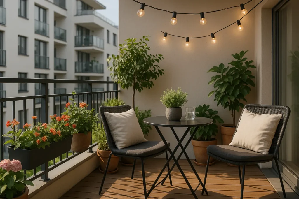 Przykładowo urządzony balkon w bloku z roślinami i meblami ogrodowymi