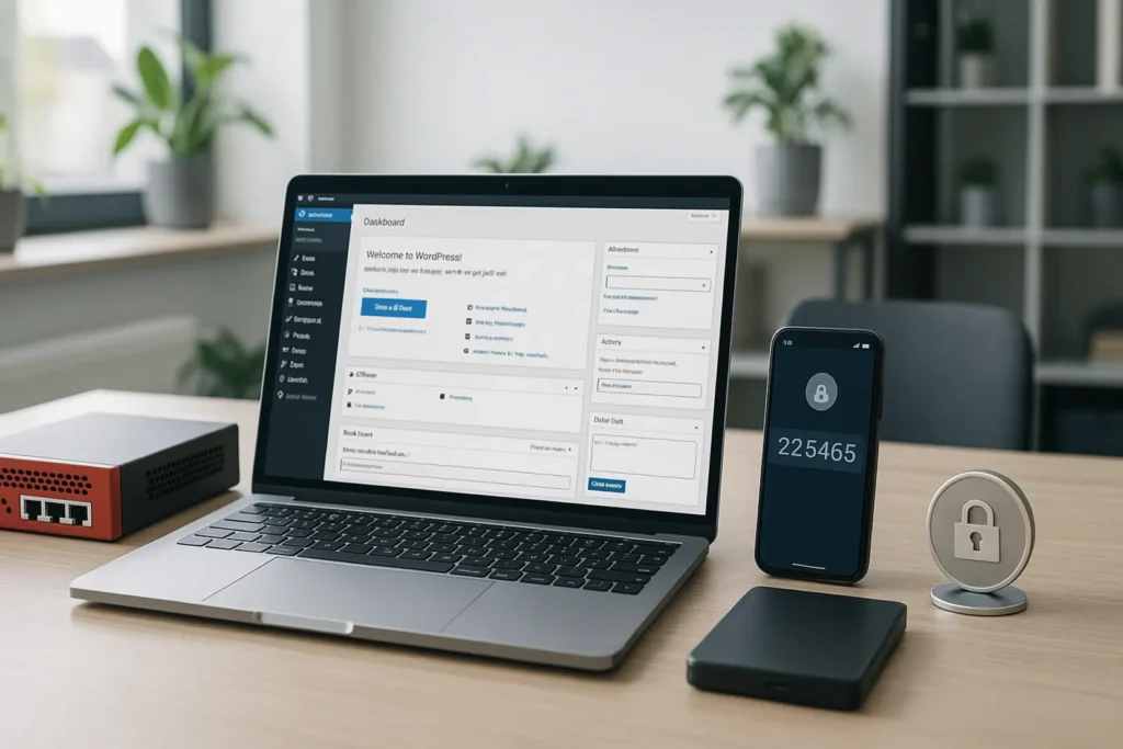 Komputer z otwartą stroną WordPress, pokazującą panel administracyjny