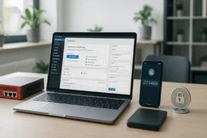 Komputer z otwartą stroną WordPress, pokazującą panel administracyjny