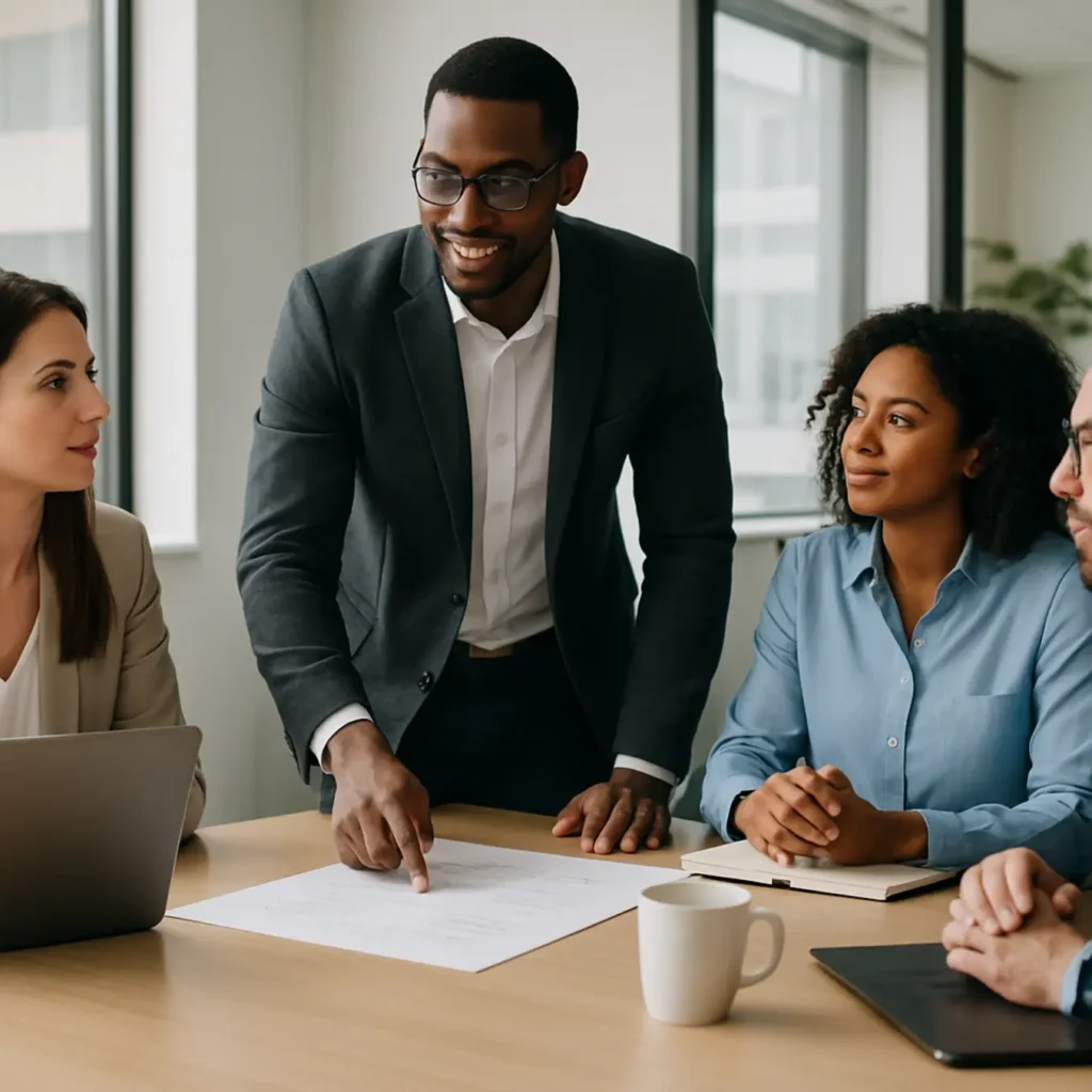 Biuro małej firmy z pracownikami przy komputerach, pracującymi nad strategią widoczności online