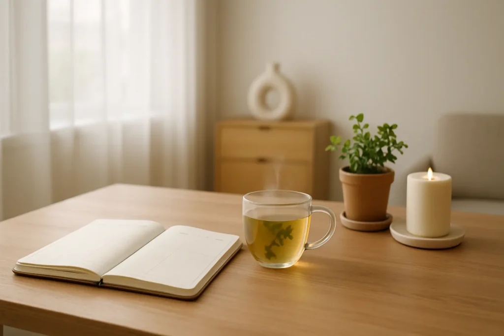 Osoba planująca dzień przy biurku, notując w organizerze.